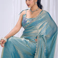Beautifull Sky Blue Satin Silk Saree Stone Work Border Designer Blouse