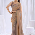 Stunning Brown Satin Silk Saree Stone Work Border Designer Floral Blouse 