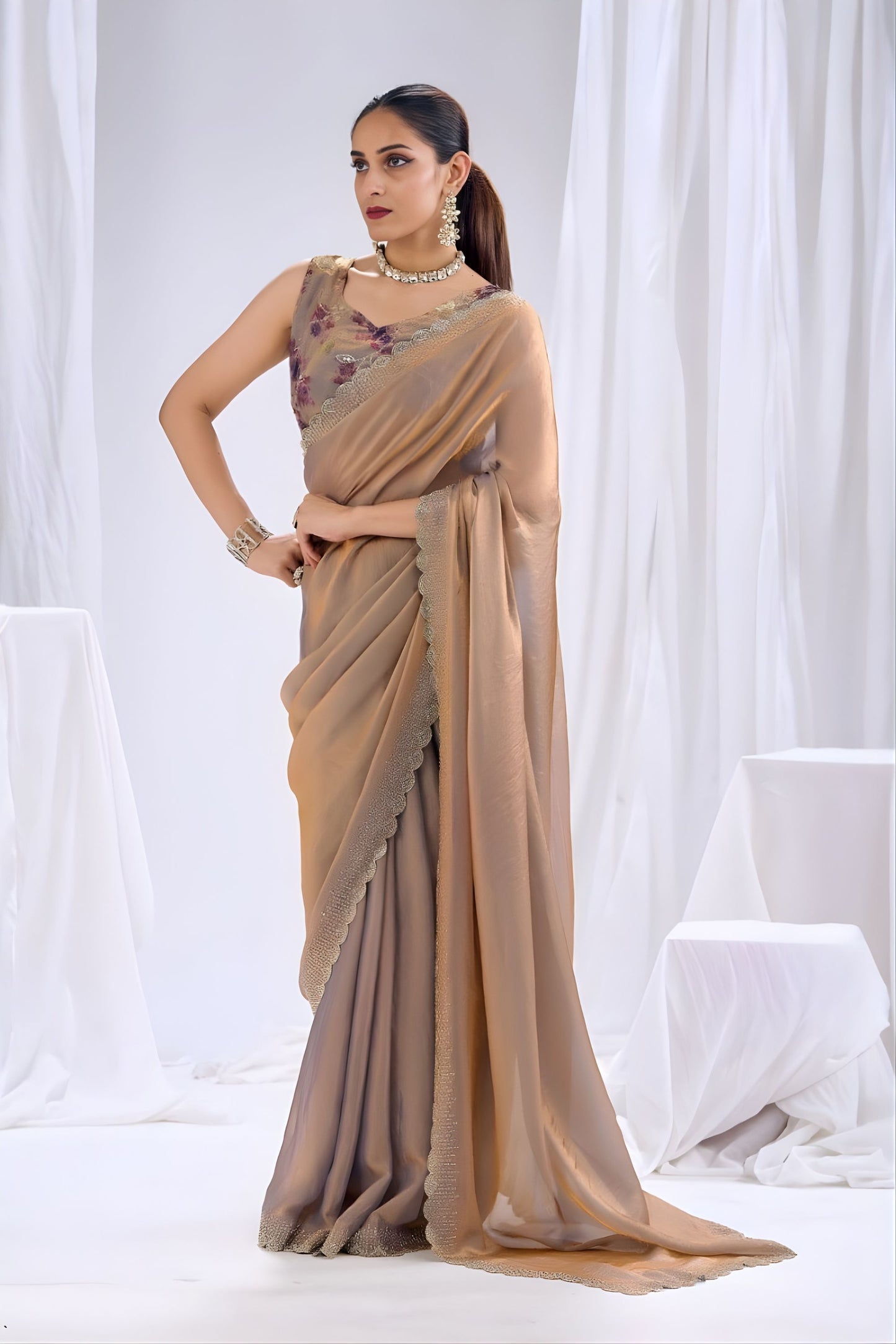 Stunning Brown Satin Silk Saree Stone Work Border Designer Floral Blouse 