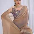 Stunning Brown Satin Silk Saree Stone Work Border Designer Floral Blouse