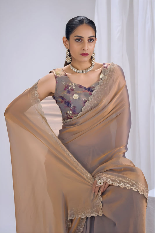 Stunning Brown Satin Silk Saree Stone Work Border Designer Floral Blouse