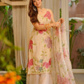 Elegant Peach Floral Embroidered Organza Silk Palazzo Suit with Dupatta