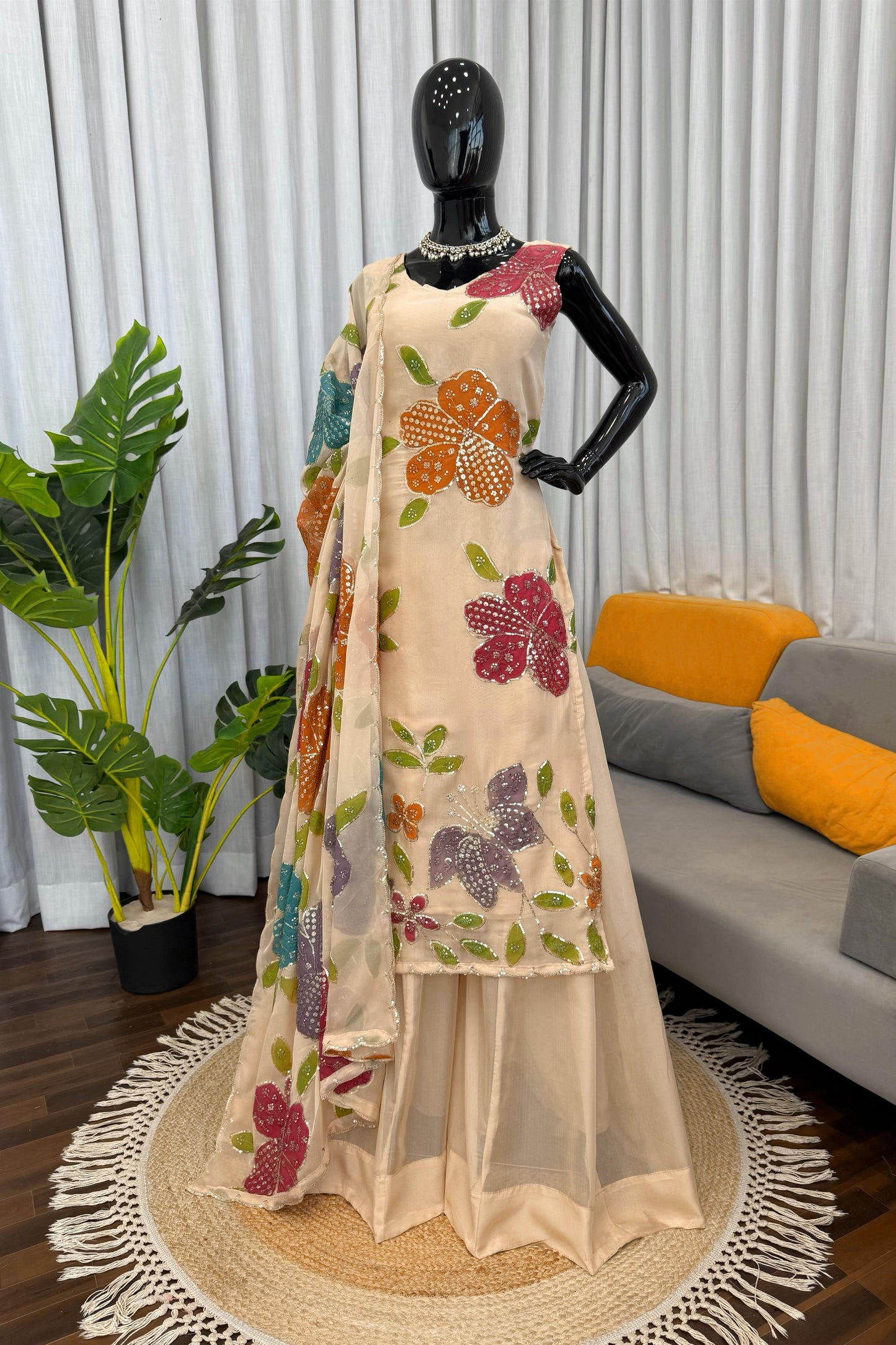 Elegant Peach Floral Embroidered Organza Silk Palazzo Suit with Dupatta