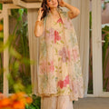 Elegant Peach Floral Embroidered Organza Silk Palazzo Suit with Dupatta