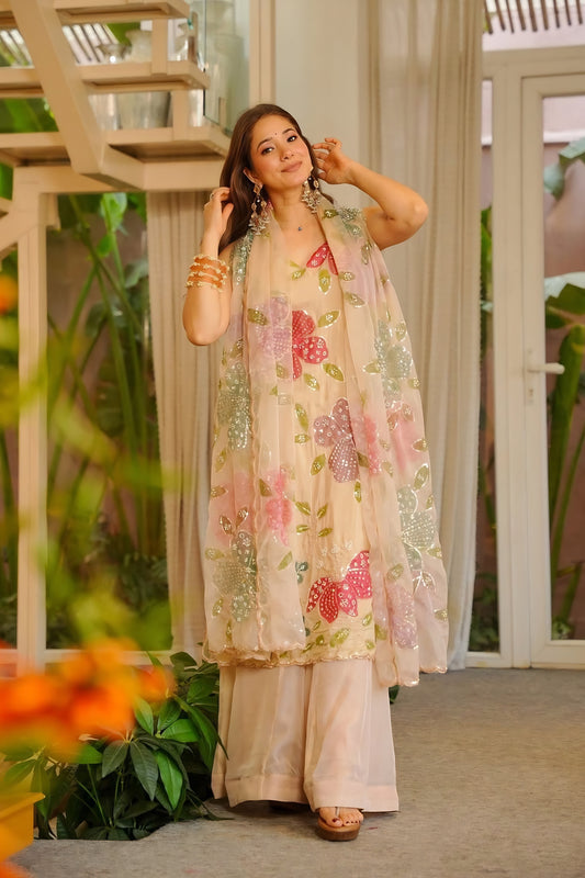 Elegant Peach Floral Embroidered Organza Silk Palazzo Suit with Dupatta