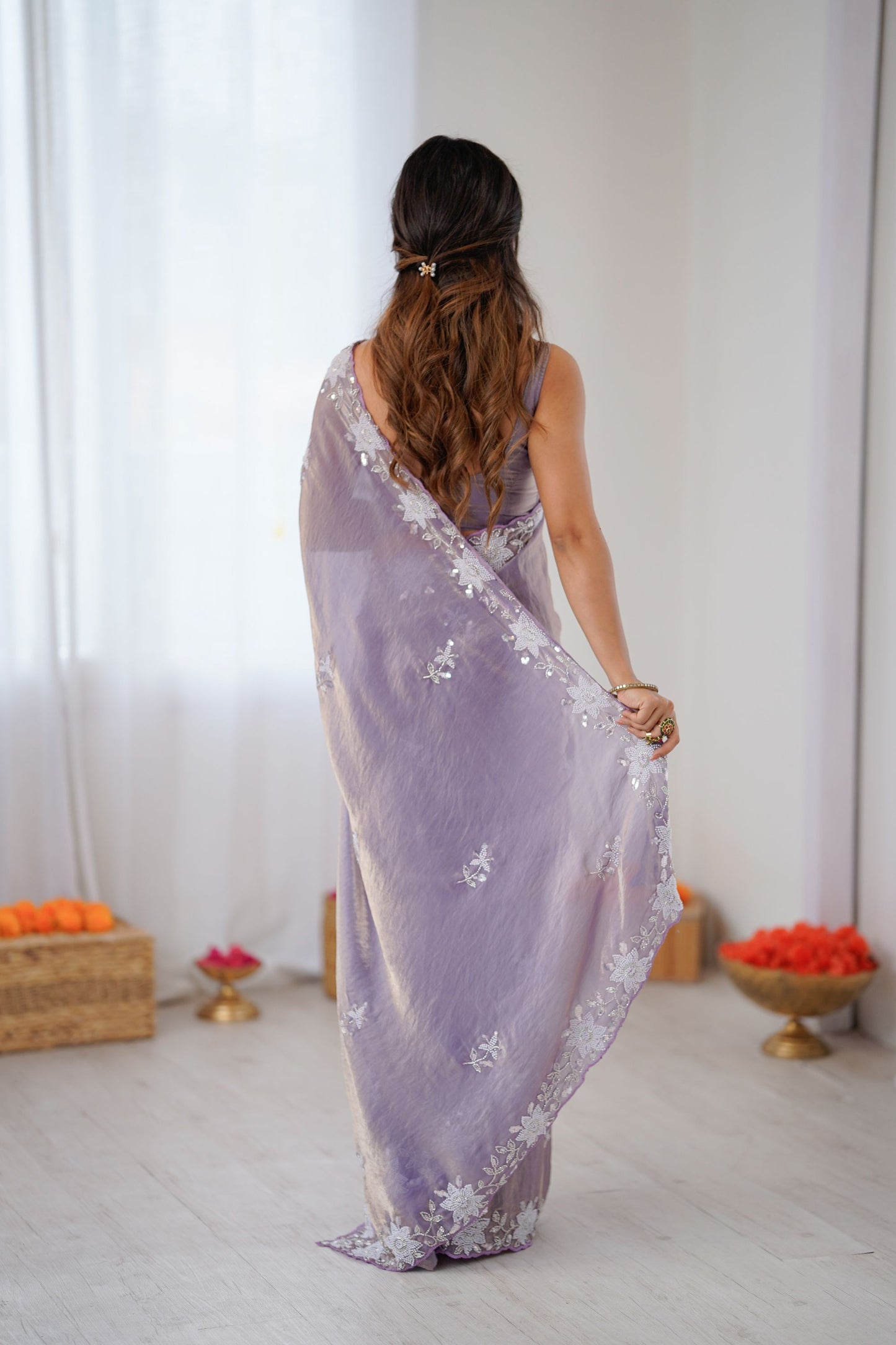 Lavender Organza Saree with Floral Work Party Wear Saree