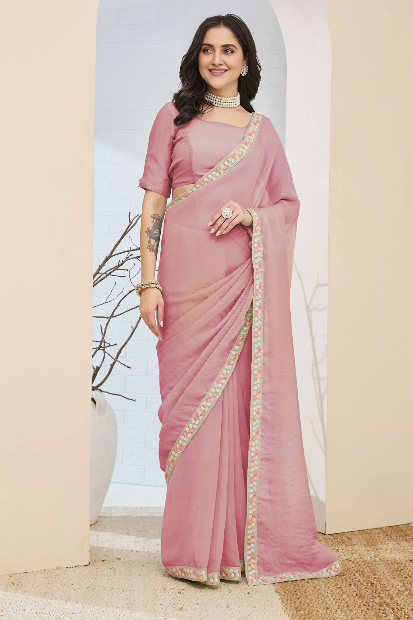  Dusty Pink Saree Multicolor Embroidered Border Ready To Wear