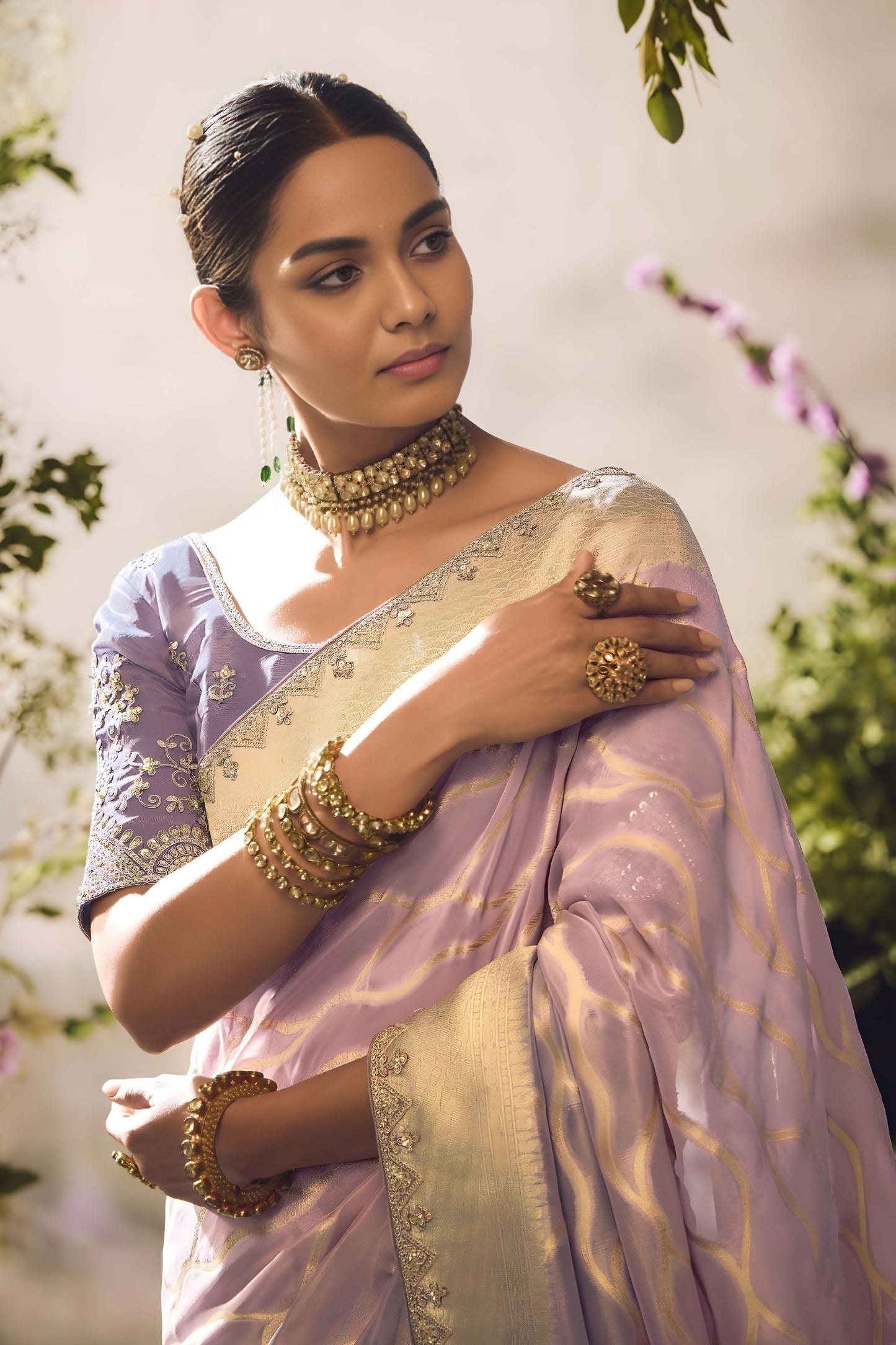Lavender Soft Silk Saree with Gold Zari Weaving Designer Blouse