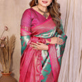 Sea Green Pink Banarasi Silk Saree with Zari Weaving and Contrast Blouse
