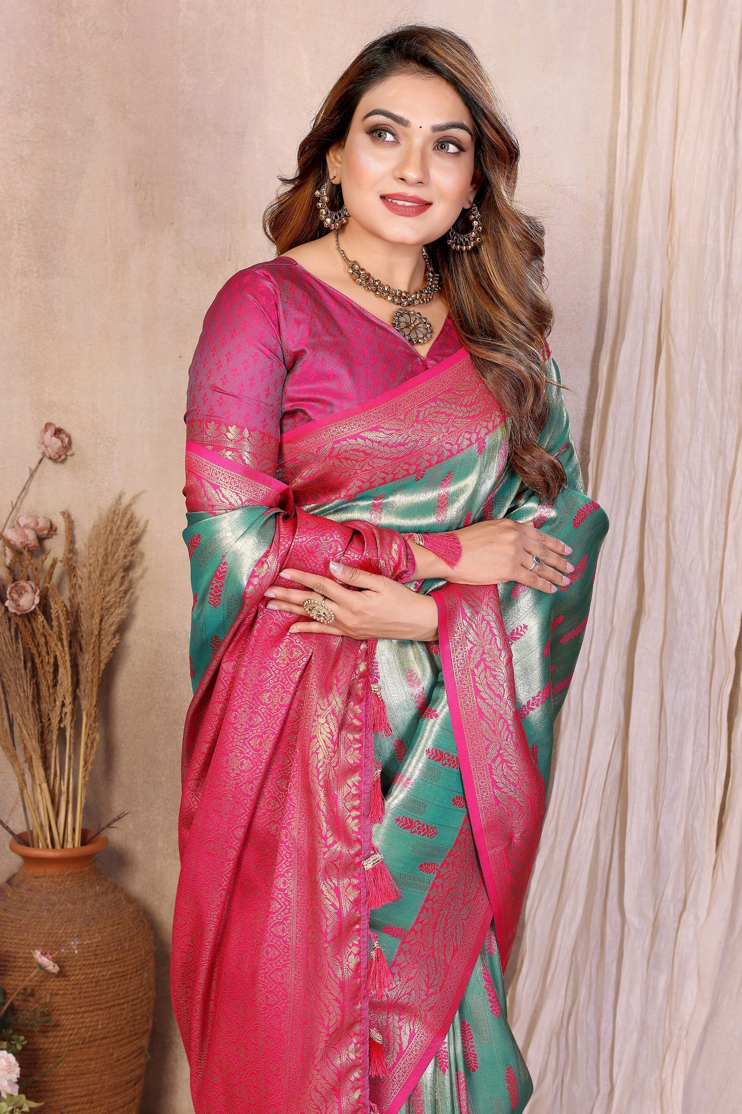 Sea Green Pink Banarasi Silk Saree with Zari Weaving and Contrast Blouse