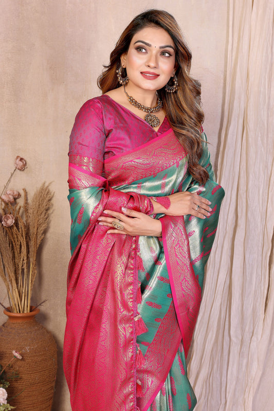 Sea Green Pink Banarasi Silk Saree with Zari Weaving and Contrast Blouse