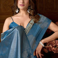 Blue Silver Banarasi Silk Saree with Woven Floral Design