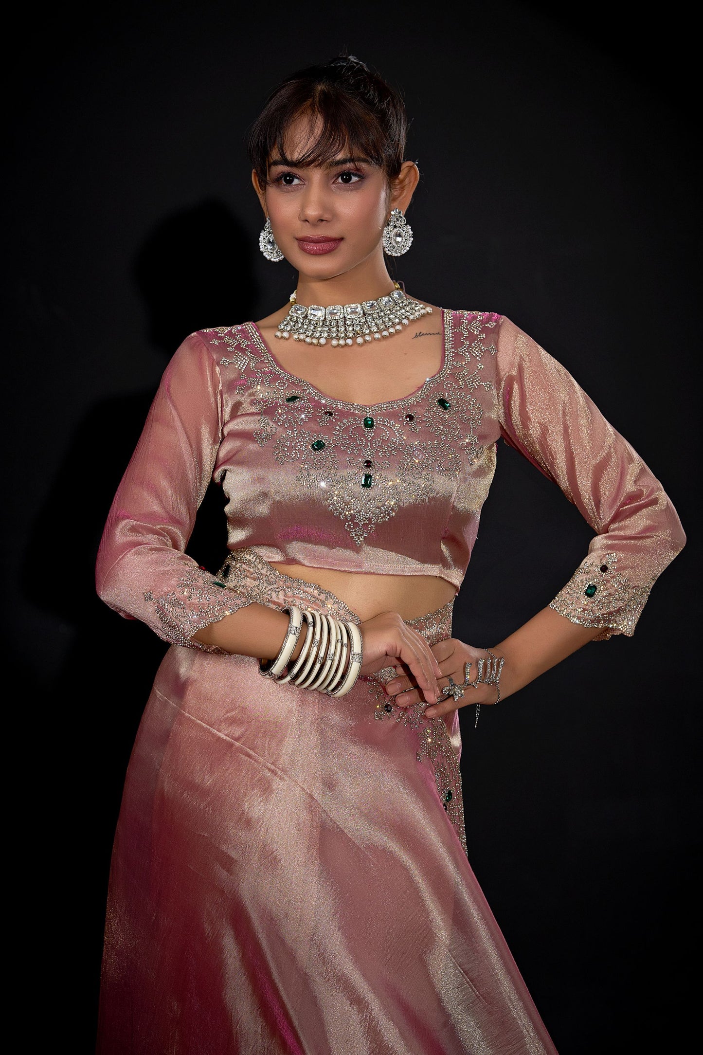 Dusty Pink Shimmer Silk Saree with Heavy Stone Zari Embroidered Border