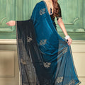 Teal Blue Black Embroidered Silk Saree with Designer Blouse