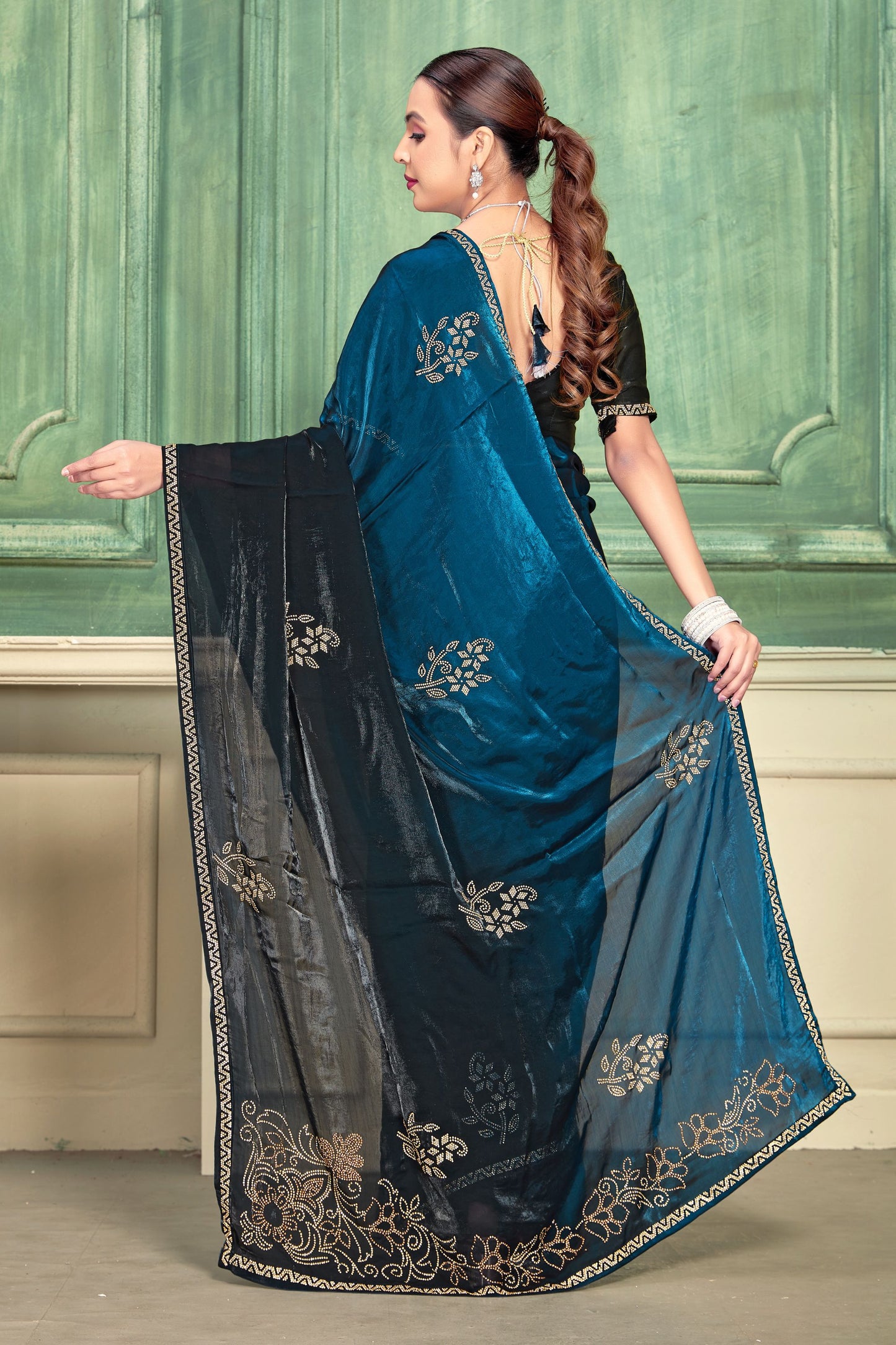 Teal Blue Black Embroidered Silk Saree with Designer Blouse