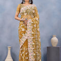 Mustard Yellow Floral Embroidered Net Saree with Designer Border
