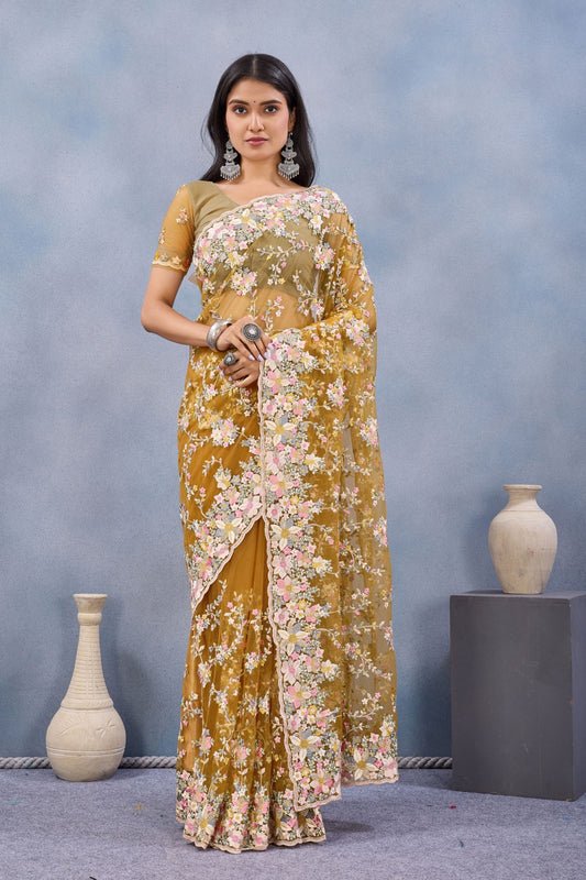 Mustard Yellow Floral Embroidered Net Saree with Designer Border