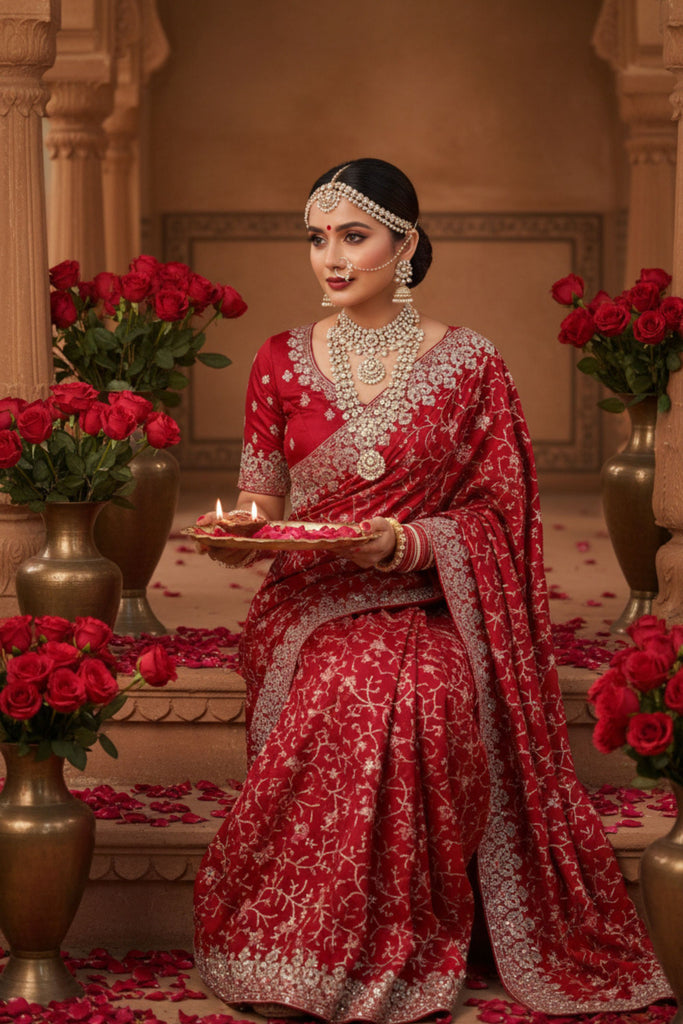 Luxury Red Bridal Saree with Silver Embroidery Designer Blouse
