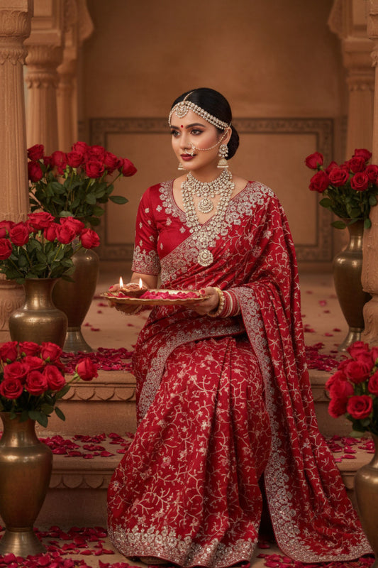 Luxury Red Bridal Saree with Silver Embroidery Designer Blouse