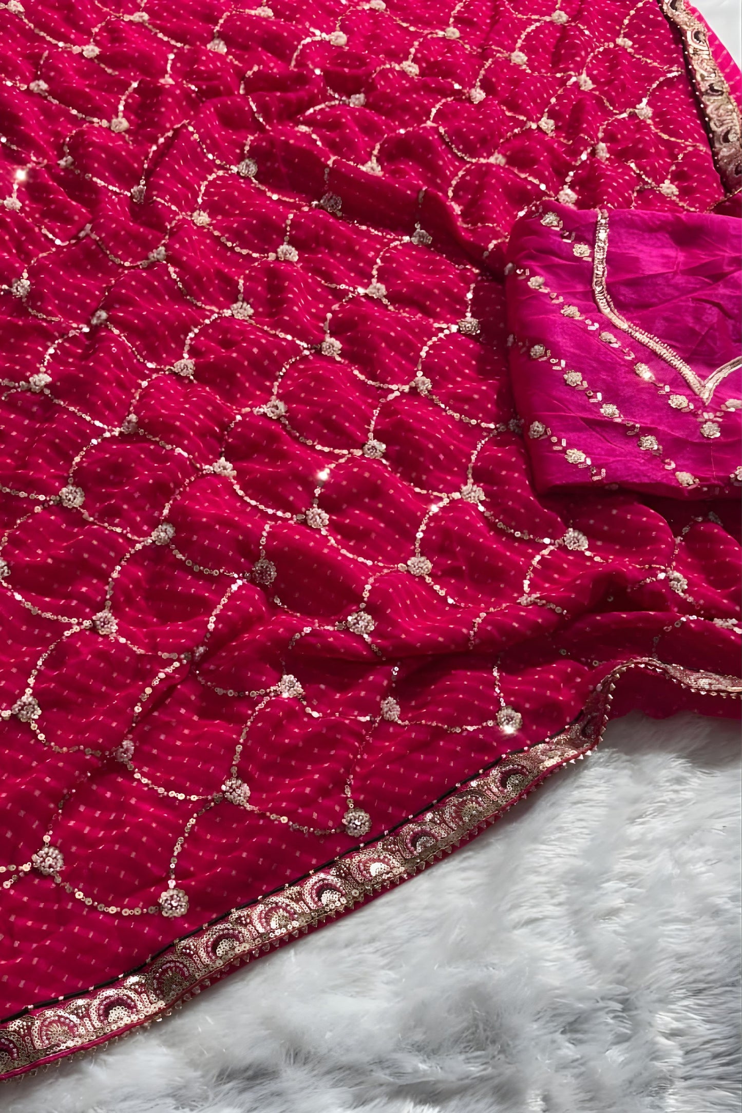 Rani Pink Georgette Bandhani Saree Gota Patti Work Embroidered Border