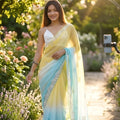 Yellow Sky Blue Designer Saree with Embroidered Border
