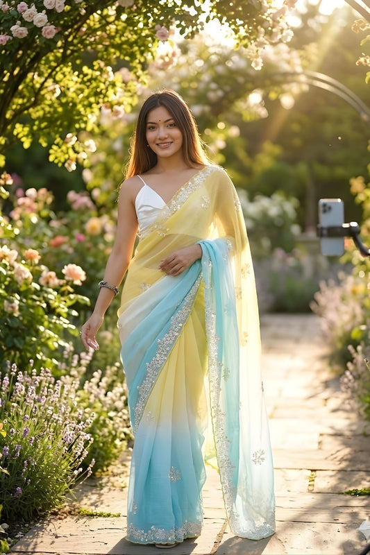 Yellow Sky Blue Designer Saree with Embroidered Border