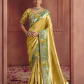 Mustard Yellow Green Dual Tone Silk Saree Heavy Zari Embroidered Border