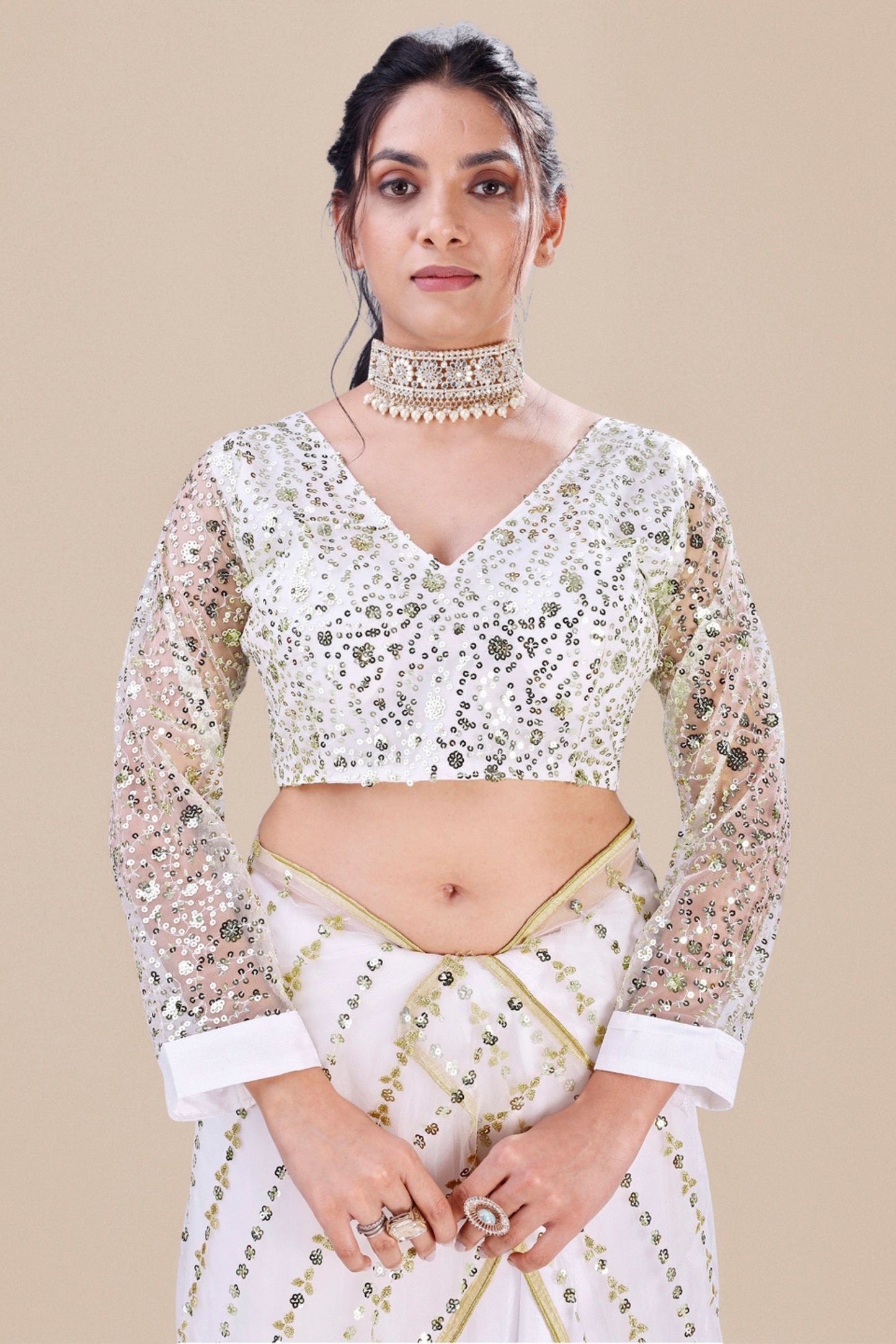 White Net Saree Gold Sequins Embroidery Designer Blouse