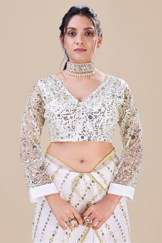 White Net Saree Gold Sequins Embroidery Designer Blouse