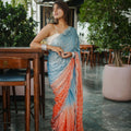 Sky Blue Peach Ombre Sequins Saree Designer Party Wear