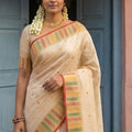 Cream Silk Saree with Multicolor Zari Border Buti Design