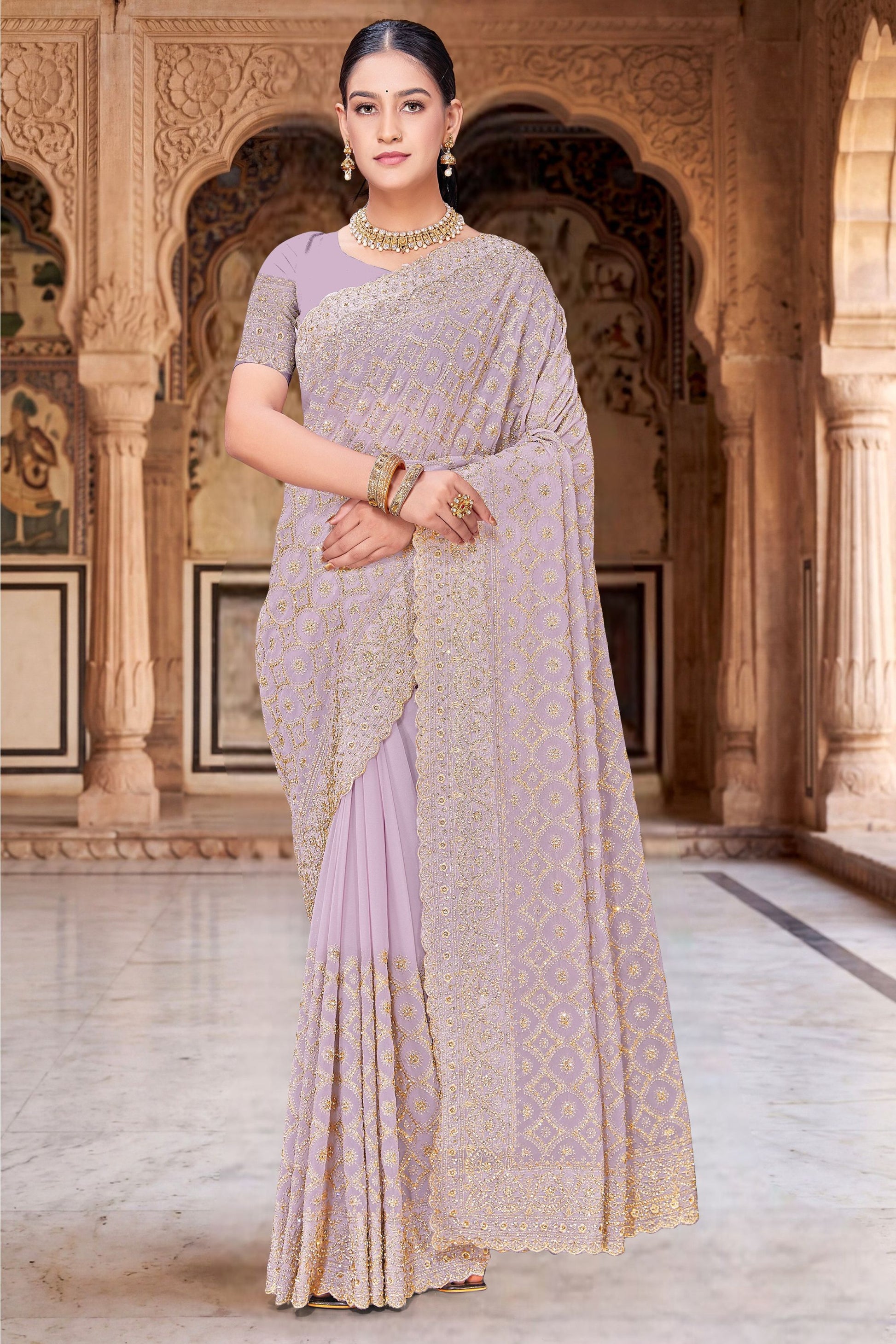 Lavender Georgette Saree Heavy Gold Zari Embroidery Designer Blouse