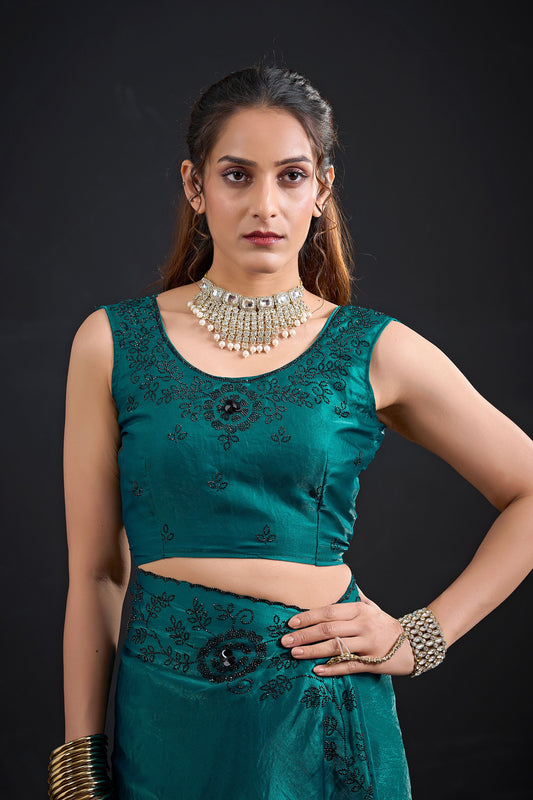 Teal Green Embroidered Silk Saree with Designer Blouse