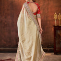 Cream Satin Silk Saree with Heavy Embroidered Border Red Designer Blouse