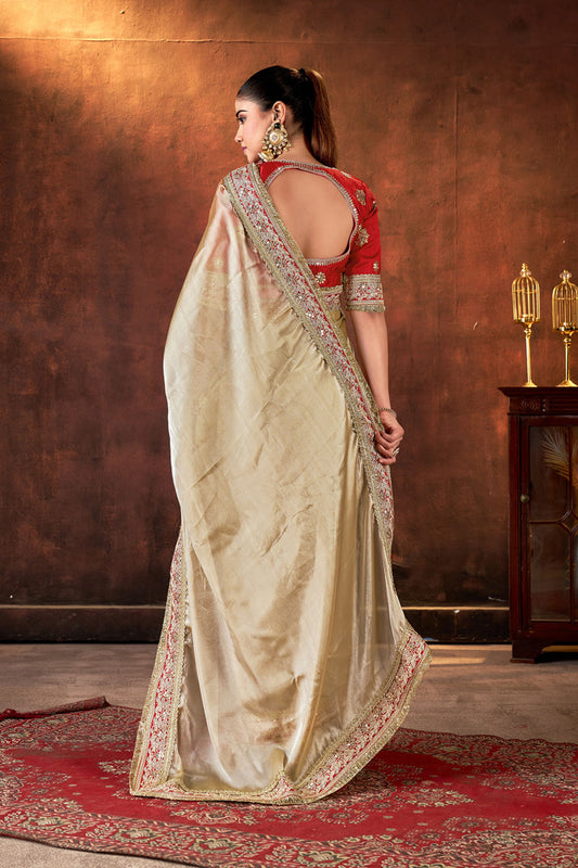 Cream Satin Silk Saree with Heavy Embroidered Border Red Designer Blouse