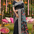  Black Linen Silk Saree Multicolor Peacock Floral Print Zari Border 