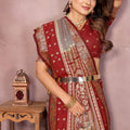 Grey Banarasi Silk Saree with Red Zari Woven Border Traditional Pallu