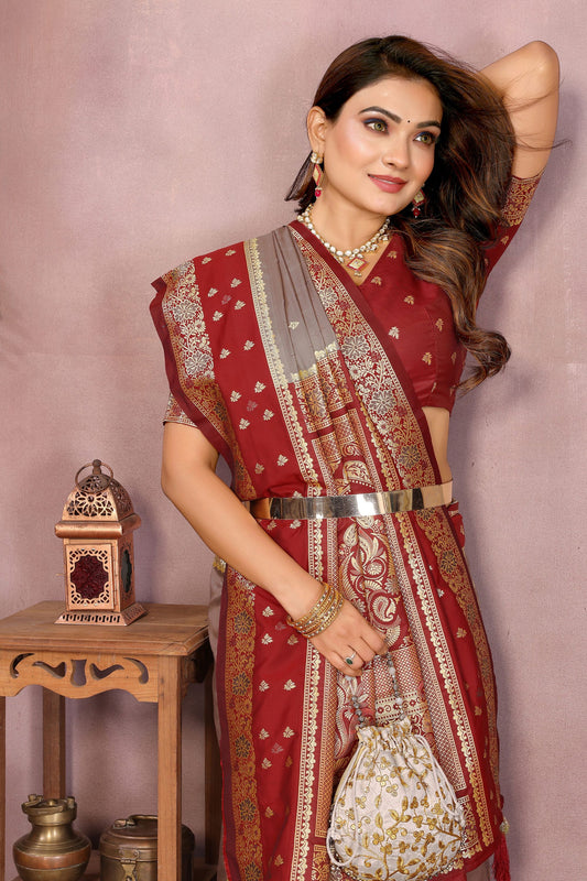 Grey Banarasi Silk Saree with Red Zari Woven Border Traditional Pallu
