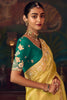 Mustard Yellow Silk Saree with Heavy Border and Green Contrast Blouse –