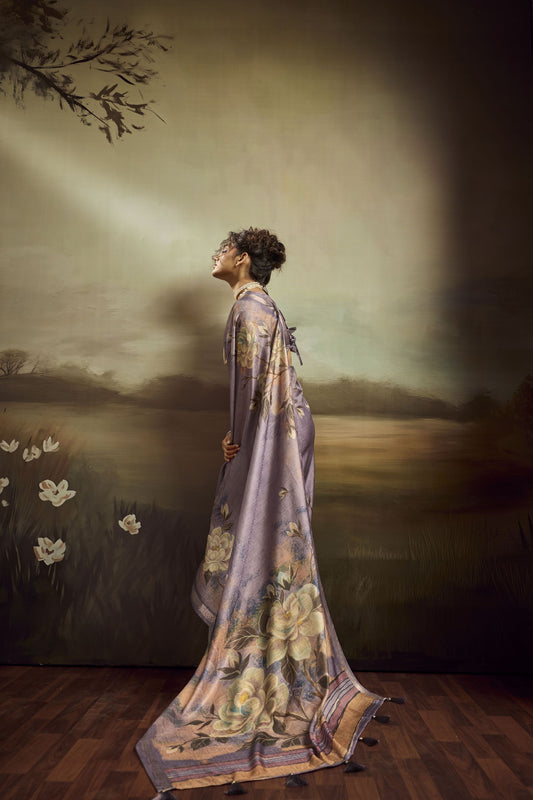 Lavender Linen Silk Saree with Floral Digital Print Designer Tassel Pallu