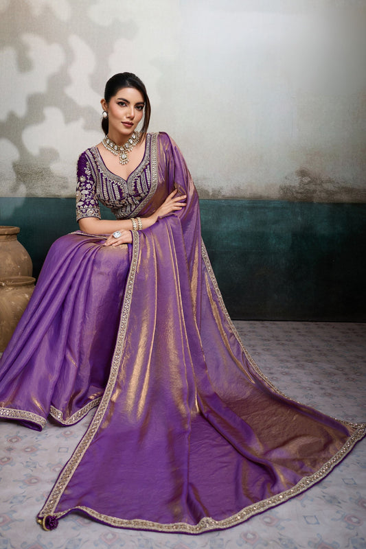 Luxury Purple Soft Silk Saree Heavy Embroidered Designer Blouse Zari Border