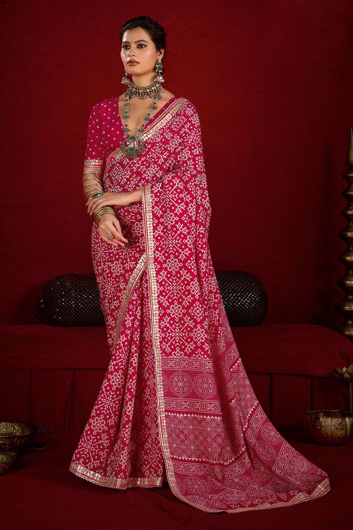 Designer Pink Bandhani Print Saree with Golden Border Festive Wear