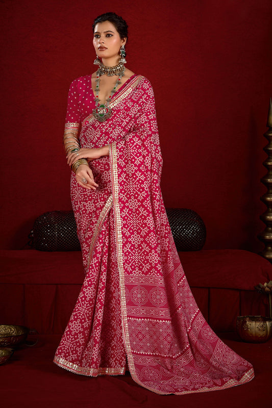 Designer Pink Bandhani Print Saree with Golden Border Festive Wear