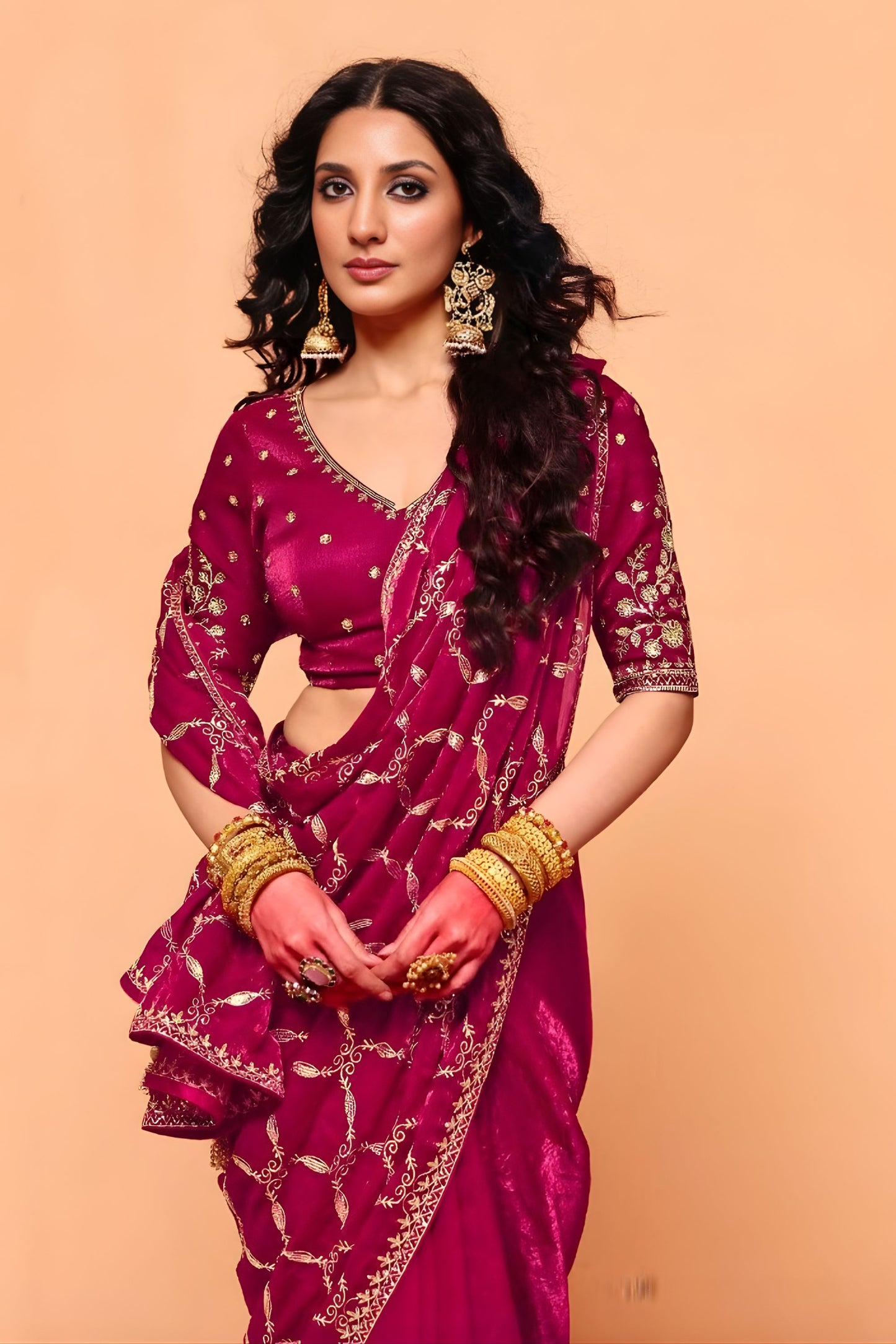 Rani Pink Designer Embroidered Silk Saree Heavy Zari Work Border Blouse Piece