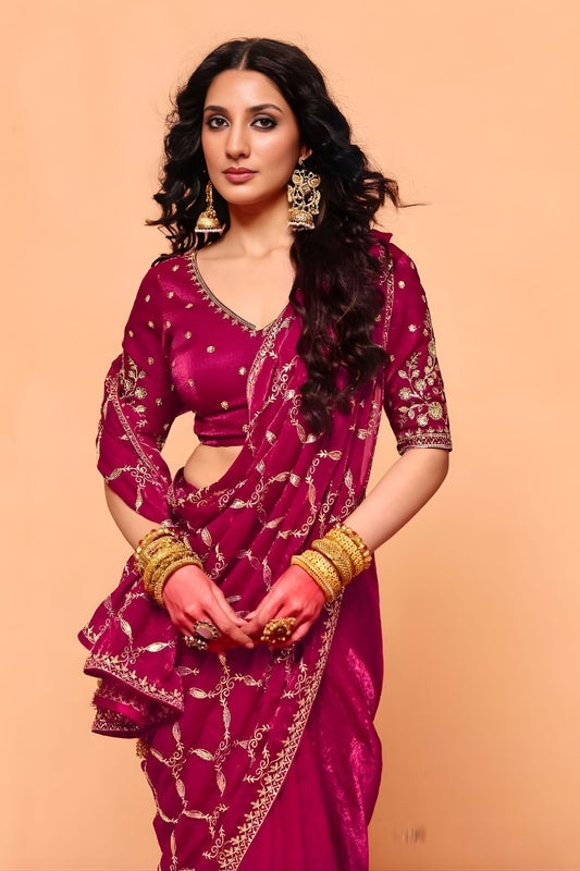 Rani Pink Designer Embroidered Silk Saree Heavy Zari Work Border Blouse Piece