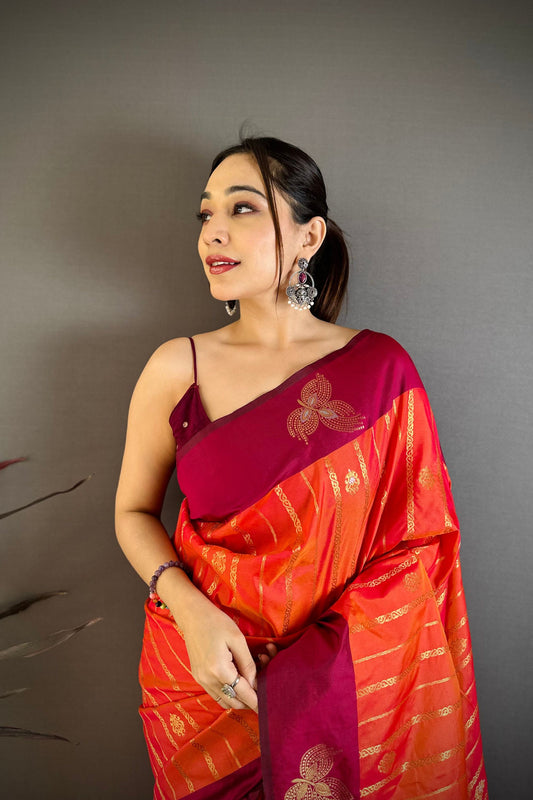 Orange and Magenta Banarasi Silk Saree with Rich Zari Weaving Saree