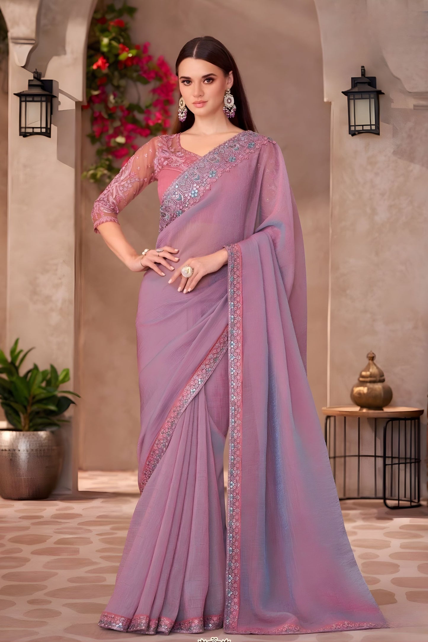 Dusty Rose Lavender Designer Saree with Embroidered Sequin Border