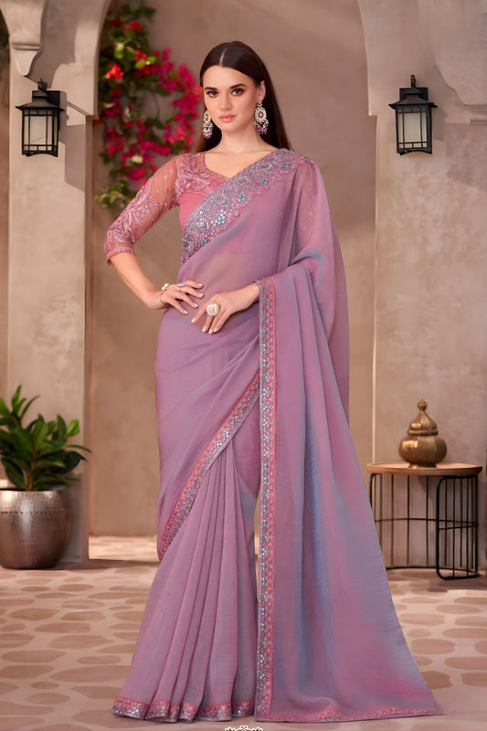 Dusty Rose Lavender Designer Saree with Embroidered Sequin Border