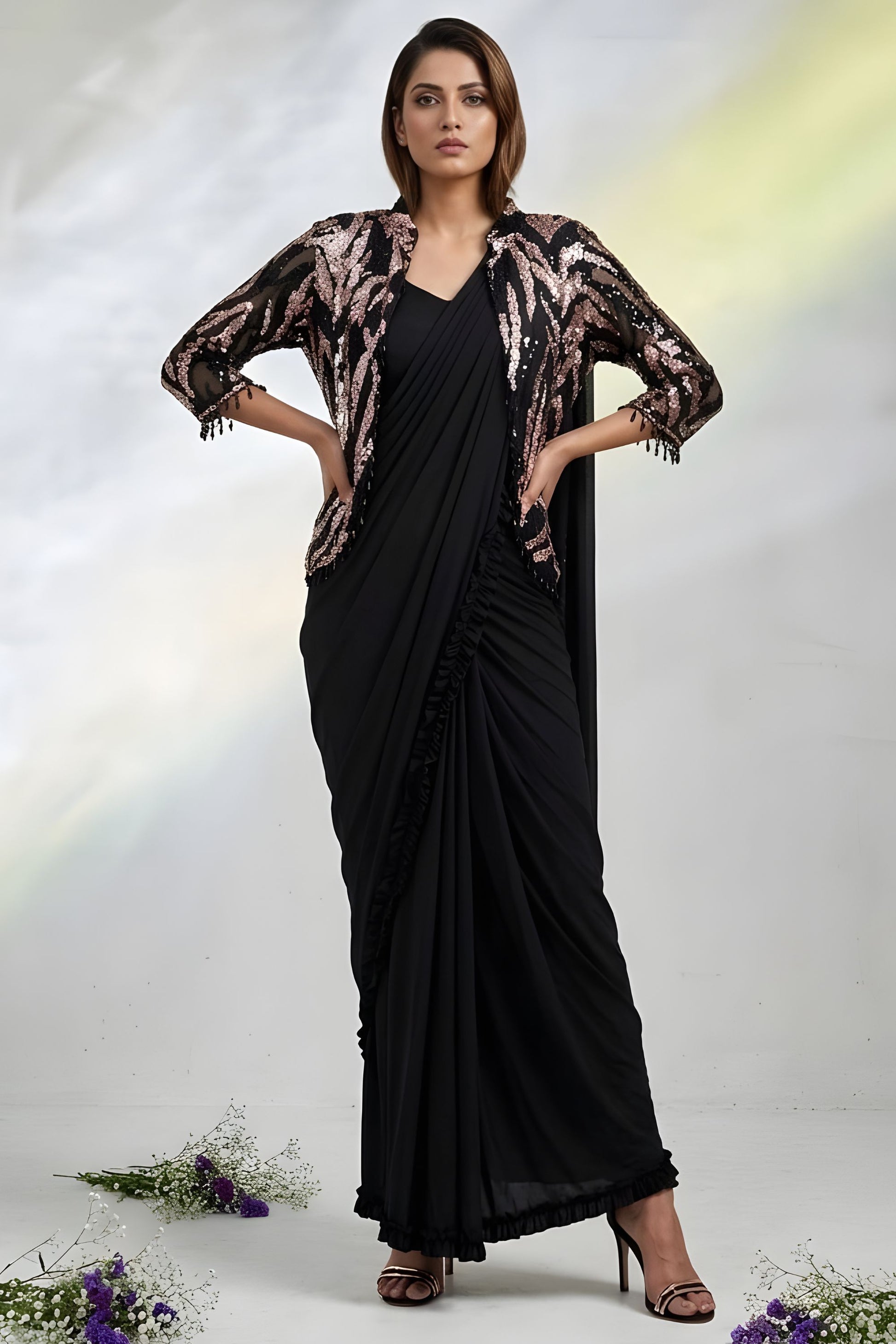 Black Sequins Embroidered Ready to Wear Designer Saree with Jacket