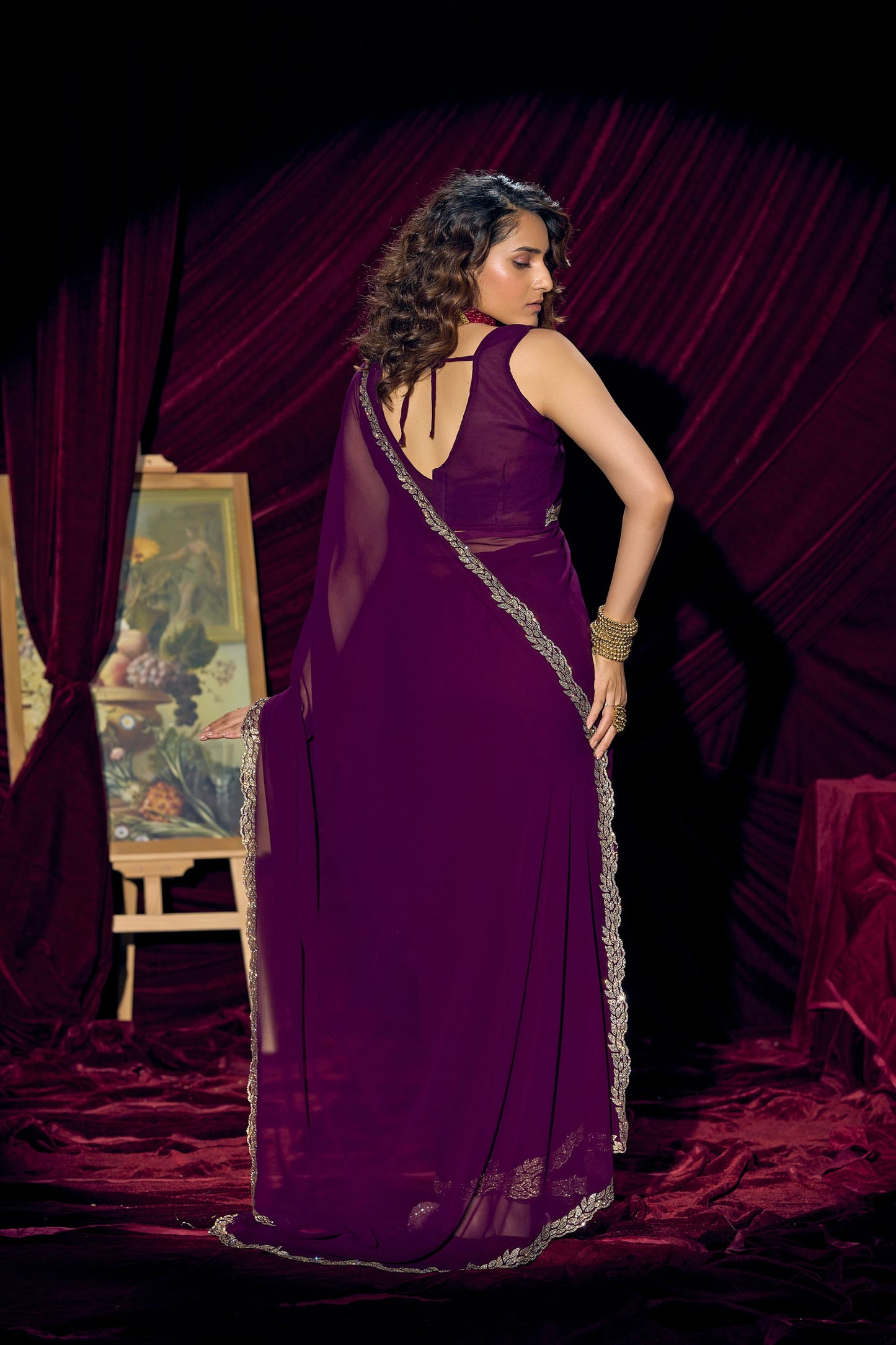 Deep Purple Georgette Saree with Embroidered Border Designer Saree
